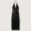 Robe longue pour femme en tulle avec broderie florale en paillettes noires