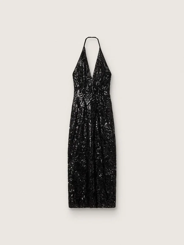 Robe longue pour femme en tulle avec broderie florale en paillettes noires
