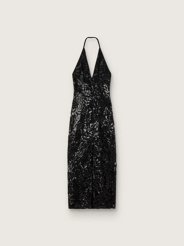 Robe longue pour femme en tulle avec broderie florale en paillettes noires
