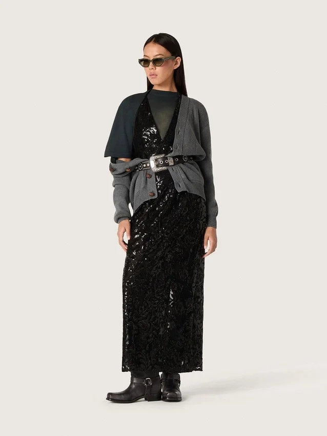 Robe longue pour femme en tulle avec broderie florale en paillettes noires