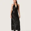 Robe longue pour femme en tulle avec broderie florale en paillettes noires