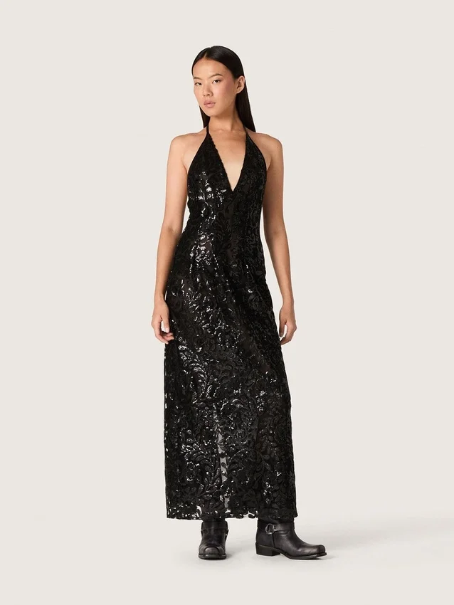 Robe longue pour femme en tulle avec broderie florale en paillettes noires