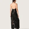 Robe longue pour femme en tulle avec broderie florale en paillettes noires