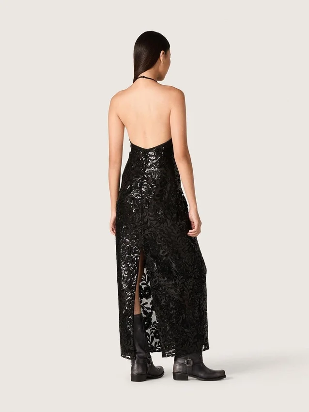 Robe longue pour femme en tulle avec broderie florale en paillettes noires