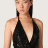 Robe longue pour femme en tulle avec broderie florale en paillettes noires