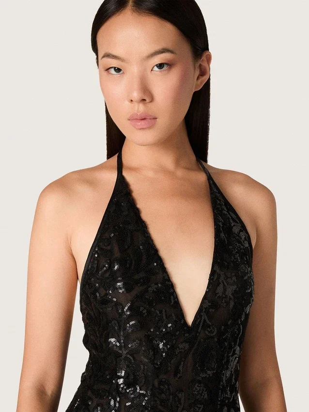 Robe longue pour femme en tulle avec broderie florale en paillettes noires