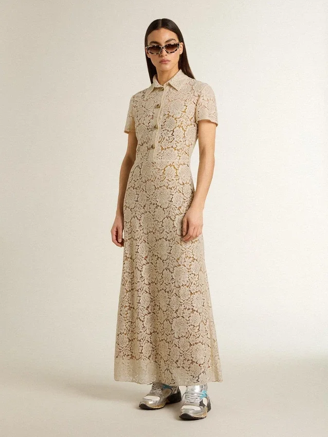 Robe midi pour femme en dentelle transparente couleur crème