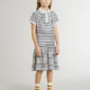 Robe midi pour filles en mélange de coton rayé avec broderies