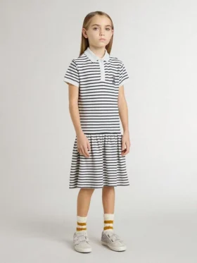 Robe midi pour filles en mélange de coton rayé avec broderies