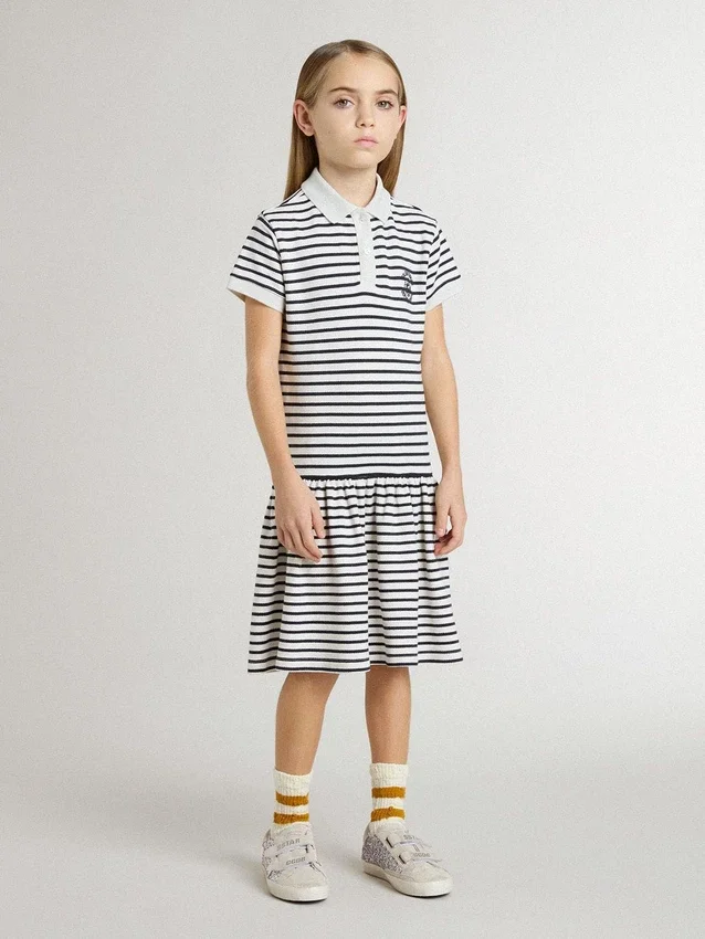 Robe midi pour filles en mélange de coton rayé avec broderies