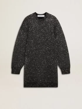 Robe noire à col rond pour femme, entièrement recouverte de paillettes argentées