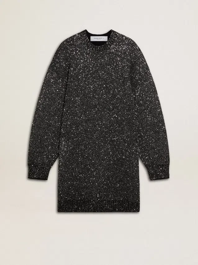 Robe noire à col rond pour femme, entièrement recouverte de paillettes argentées