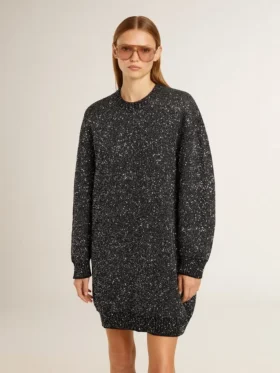 Robe noire à col rond pour femme, entièrement recouverte de paillettes argentées