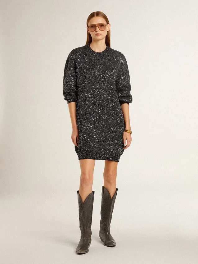 Robe noire à col rond pour femme, entièrement recouverte de paillettes argentées
