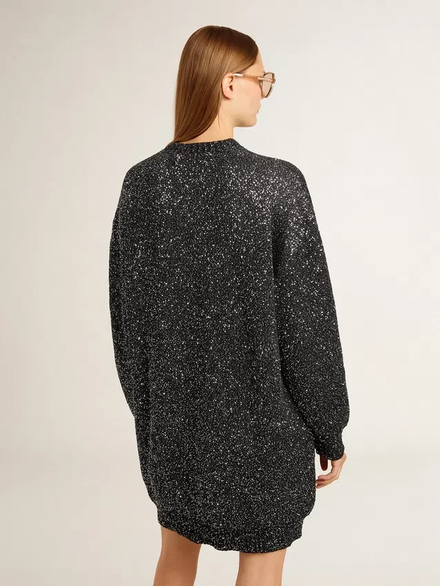 Robe noire à col rond pour femme, entièrement recouverte de paillettes argentées