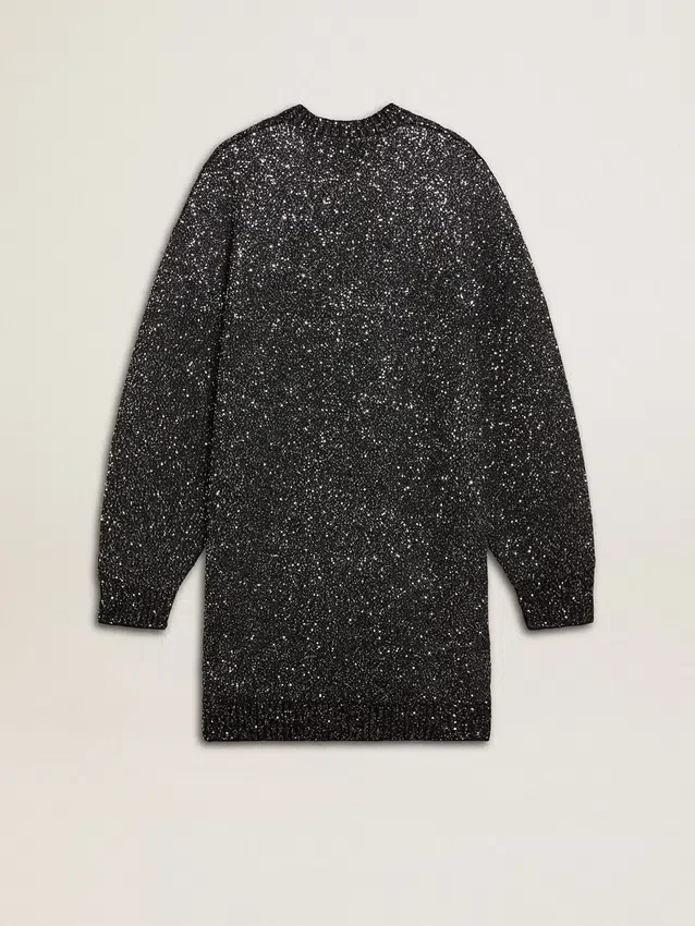Robe noire à col rond pour femme, entièrement recouverte de paillettes argentées