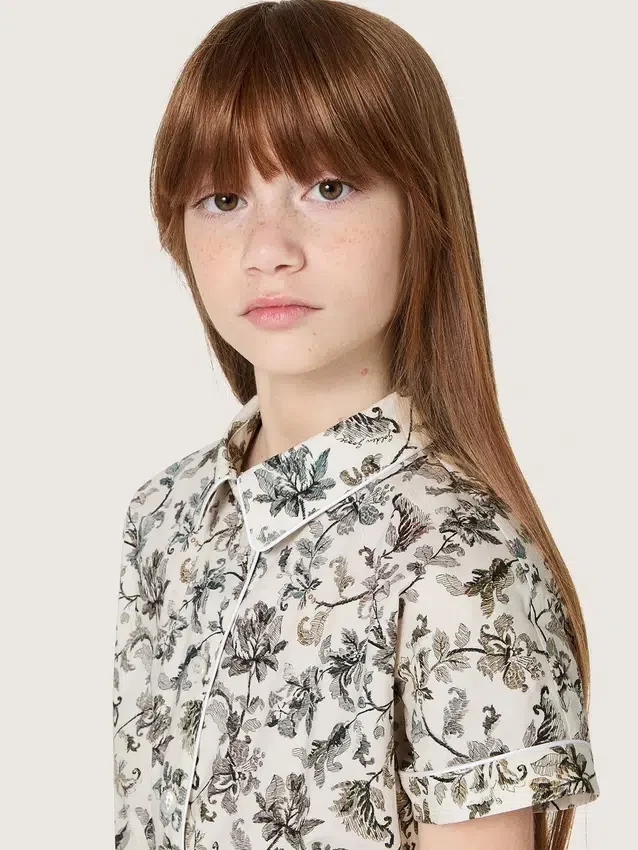 Robe pour fille « Journey » en toile de coton blanche à imprimé floral vert