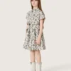 Robe pour fille « Journey » en toile de coton blanche à imprimé floral vert