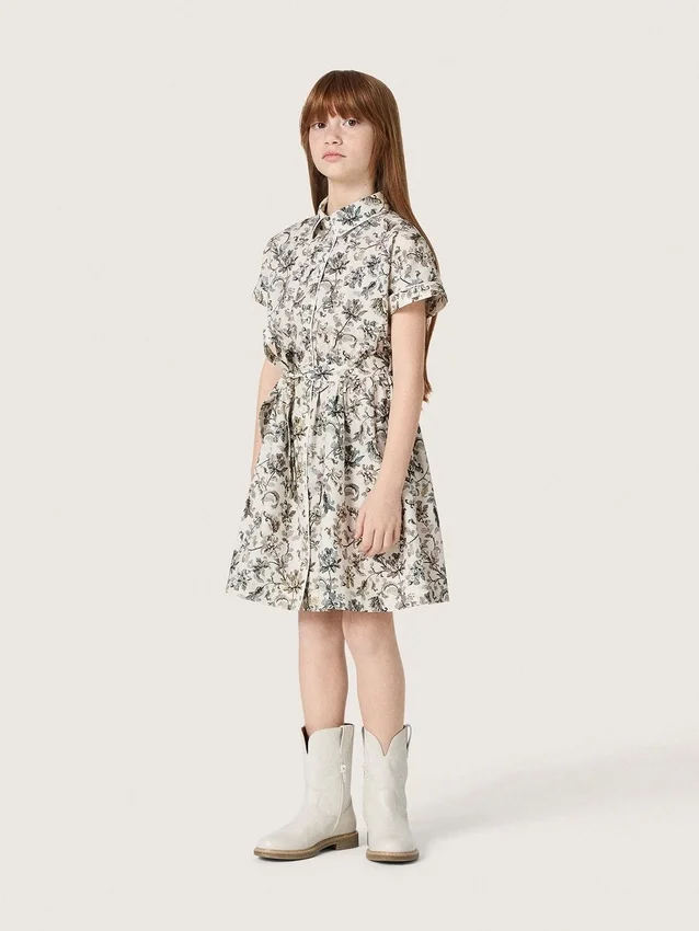 Robe pour fille « Journey » en toile de coton blanche à imprimé floral vert