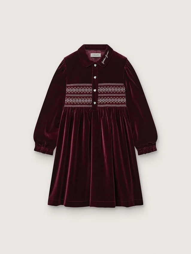 Robe pour filles bordeaux effet velours avec broderie sur le devant