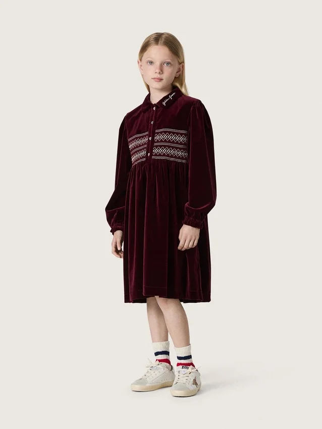 Robe pour filles bordeaux effet velours avec broderie sur le devant