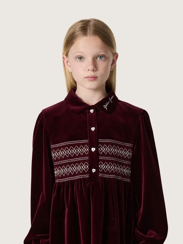 Robe pour filles bordeaux effet velours avec broderie sur le devant