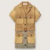 Robe safari pour femme en coton beige et vert militaire avec de grandes poches