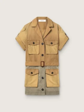 Robe safari pour femme en coton beige et vert militaire avec de grandes poches