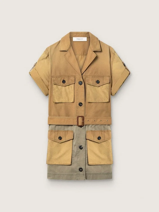 Robe safari pour femme en coton beige et vert militaire avec de grandes poches