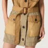 Robe safari pour femme en coton beige et vert militaire avec de grandes poches
