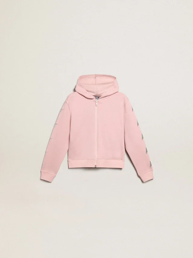 Rose sweat-shirt with hood and silver glitter stars