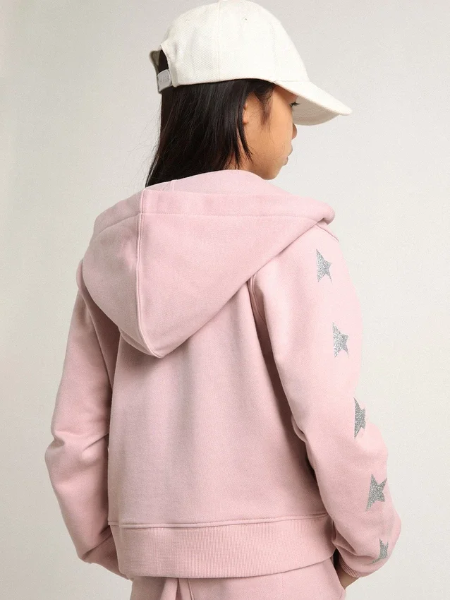 Rose sweat-shirt with hood and silver glitter stars