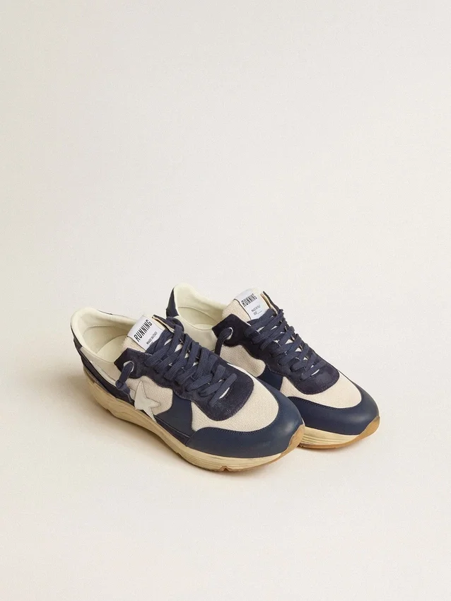 Running Sole en mesh crème et cuir bleu, ornée d’une étoile en cuir blanc
