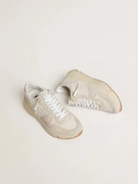 Running Sole pour femme en toile avec étoile beige et languette de talon en cuir métallisé platine