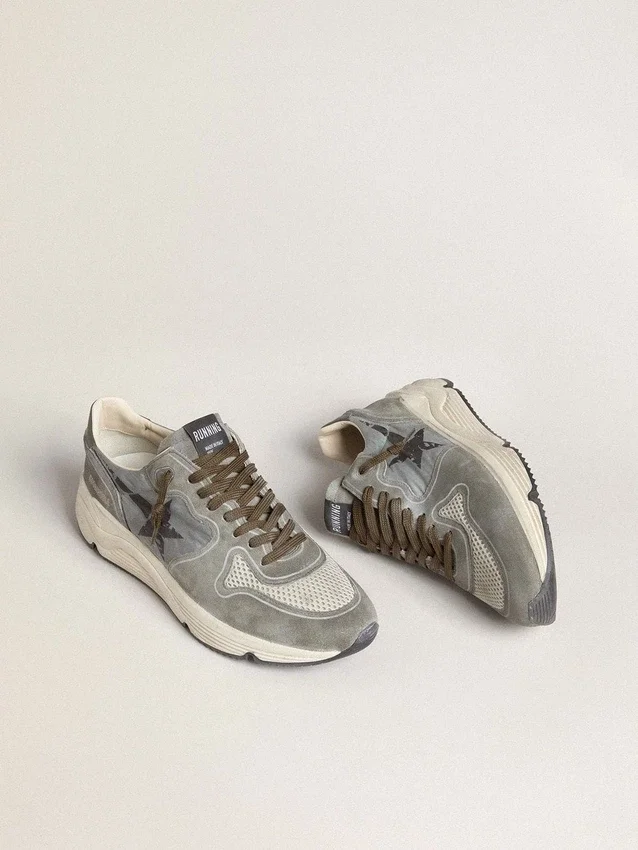 Running Sole pour homme en nylon bleu clair avec étoile noire et languette de talon en cuir vert
