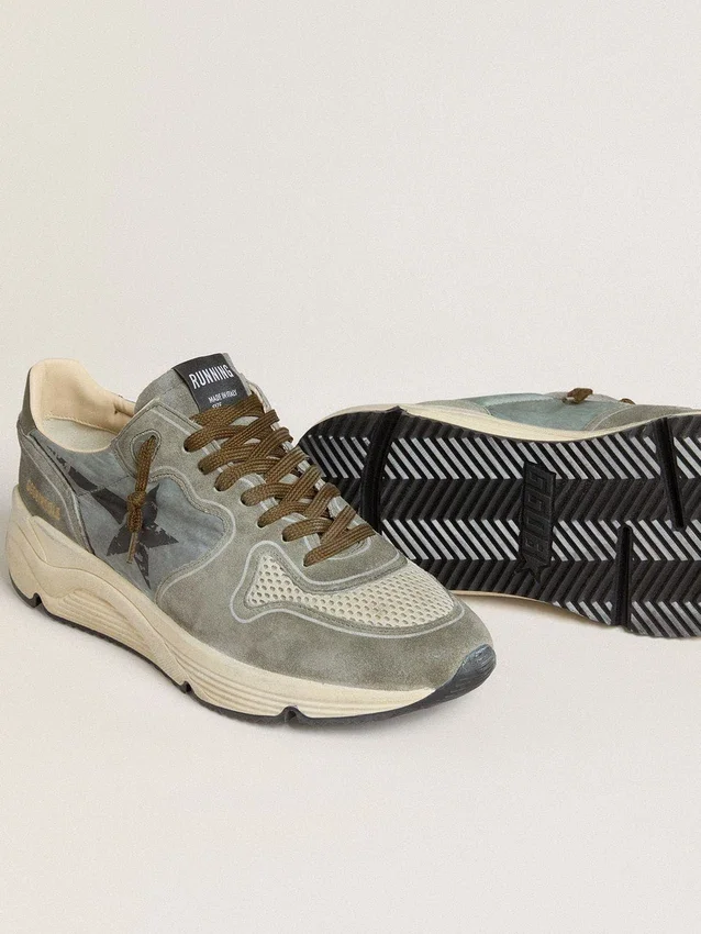 Running Sole pour homme en nylon bleu clair avec étoile noire et languette de talon en cuir vert