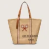 Sac fourre-tout « 24,7 » en raphia naturel et cuir marron avec détails métalliques dorés