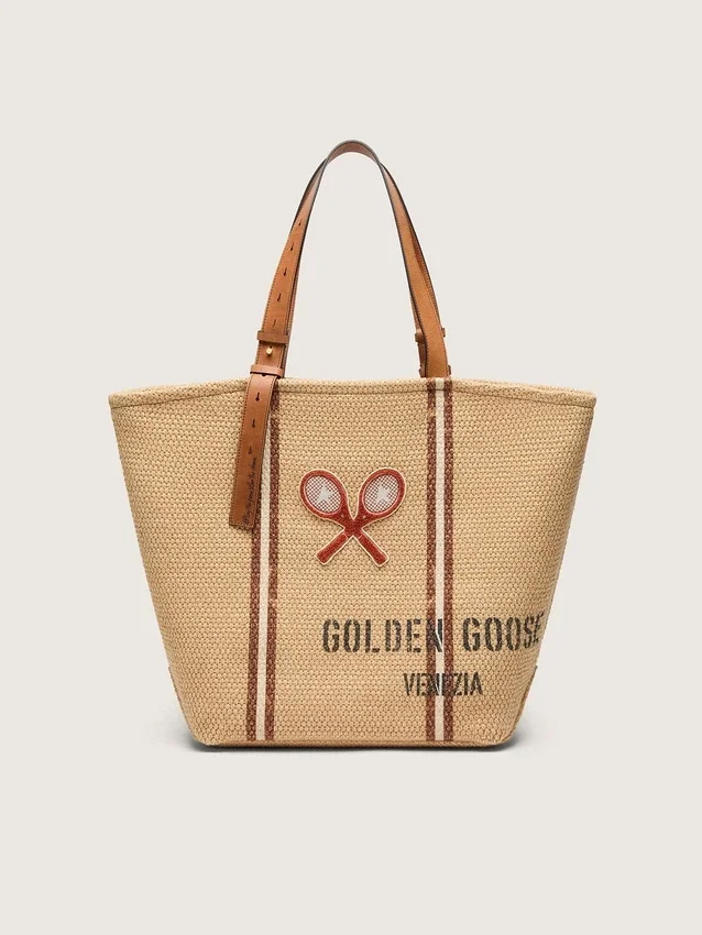 Sac fourre-tout « 24,7 » en raphia naturel et cuir marron avec détails métalliques dorés