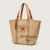 Sac fourre-tout « 24,7 » en raphia naturel et cuir marron avec détails métalliques dorés