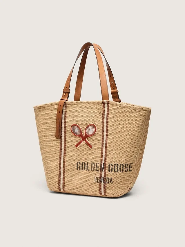 Sac fourre-tout « 24,7 » en raphia naturel et cuir marron avec détails métalliques dorés