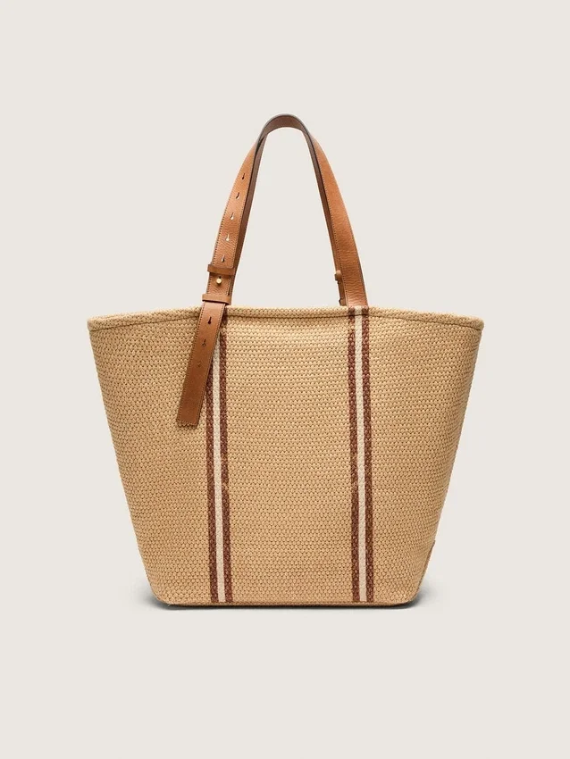 Sac fourre-tout « 24,7 » en raphia naturel et cuir marron avec détails métalliques dorés