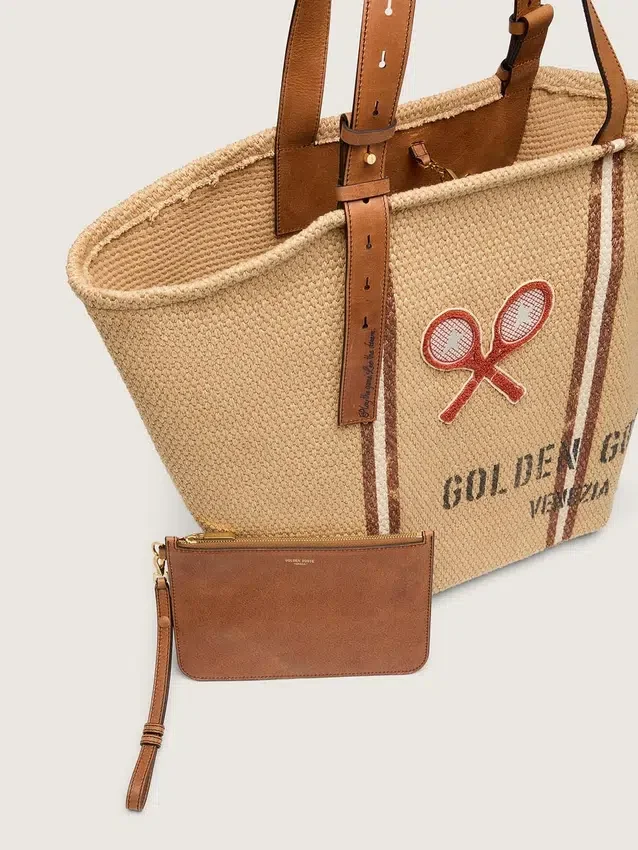 Sac fourre-tout « 24,7 » en raphia naturel et cuir marron avec détails métalliques dorés