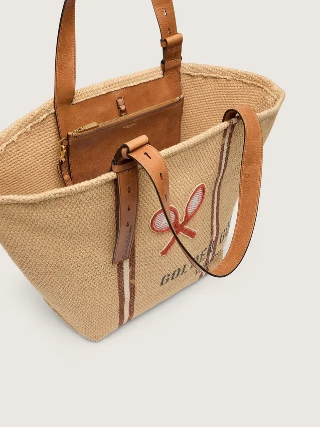 Sac fourre-tout « 24,7 » en raphia naturel et cuir marron avec détails métalliques dorés