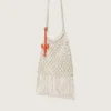 Sac pour femme en macramé, en coton couleur beurre, orné d’un pendentif en cuir en forme de homard
