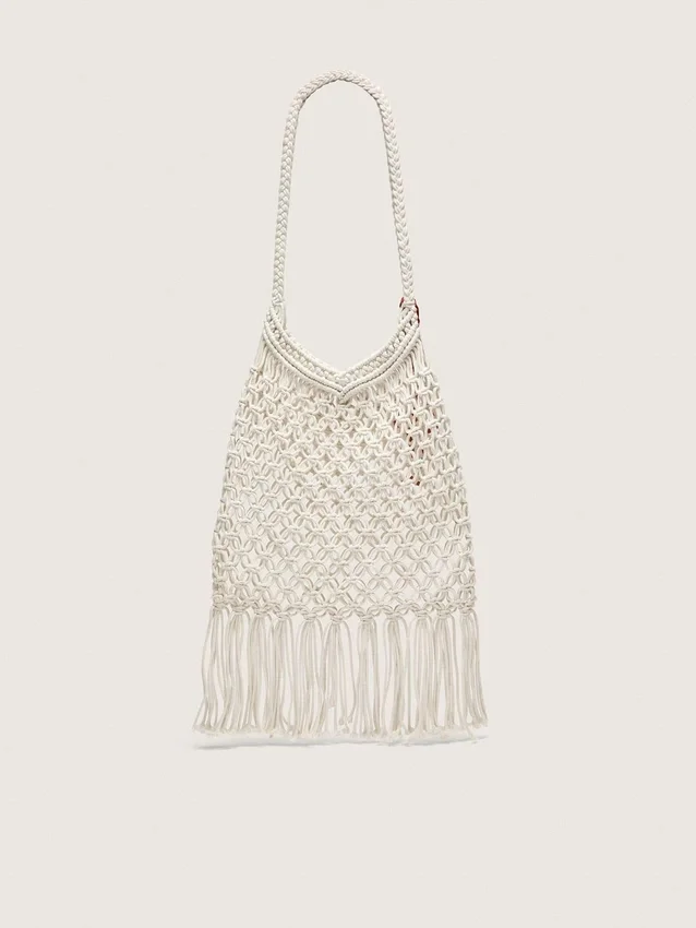Sac pour femme en macramé, en coton couleur beurre, orné d’un pendentif en cuir en forme de homard