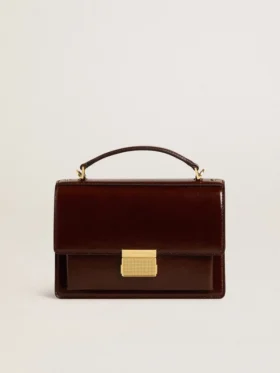Sac Venezia en cuir laminé marron foncé avec détails dorés
