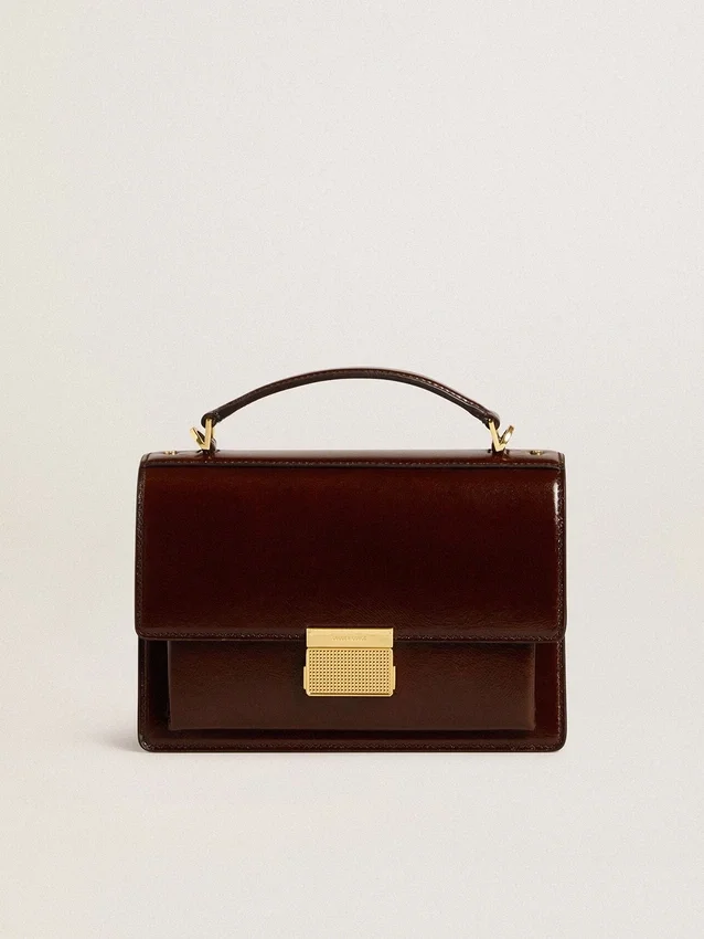 Sac Venezia en cuir laminé marron foncé avec détails dorés