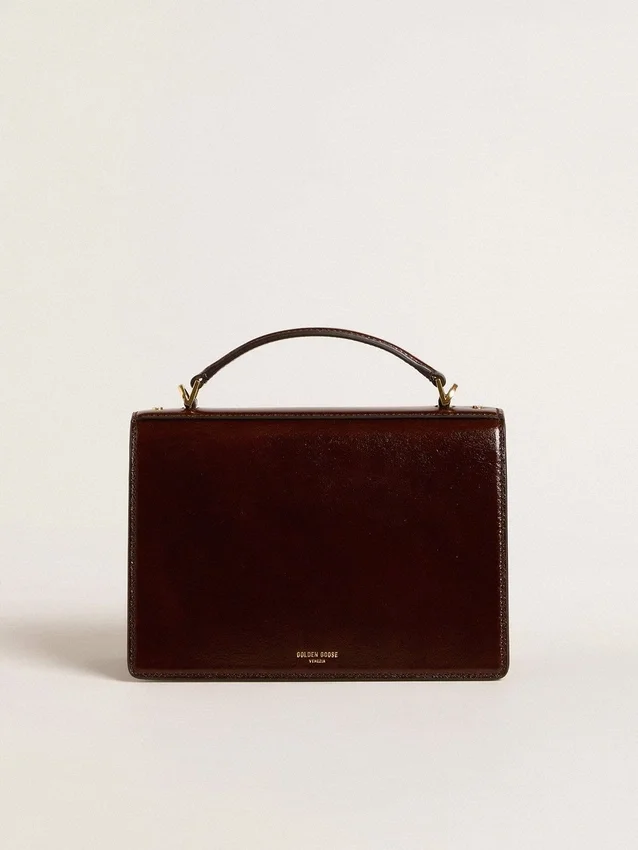 Sac Venezia en cuir laminé marron foncé avec détails dorés