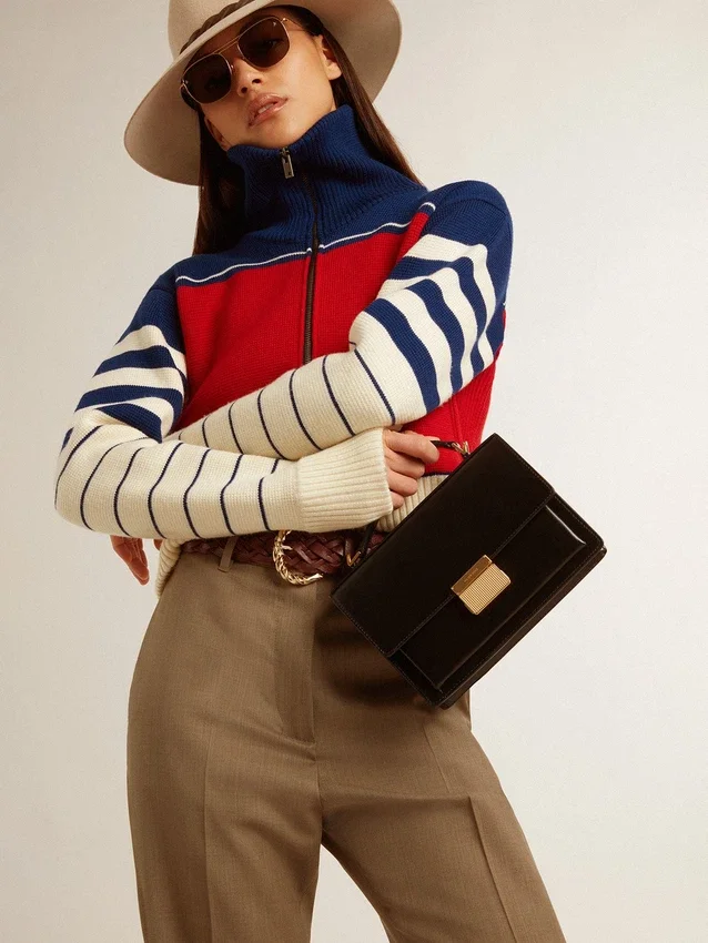 Sac Venezia en cuir noir gaufré avec détails dorés