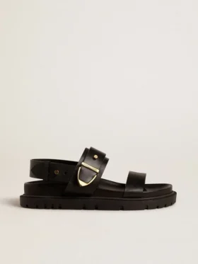 Sandales Lucy pour femme en cuir noir brillant avec boucle en métal doré